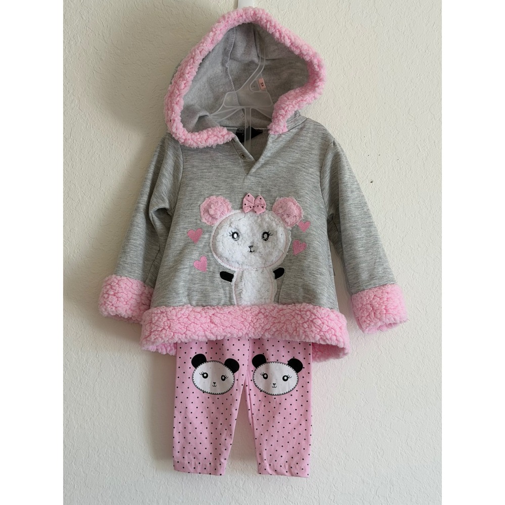 DDC Darlings Toddler Girls Gray Pink Sherpa Panda Hoodie and Leggings Set 24M